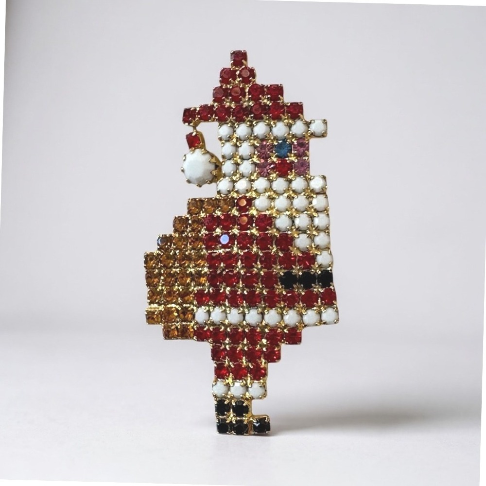 Sparkling Rhinestone Santa Claus‎ Christmas Pin Brooch Red White Gold Tone